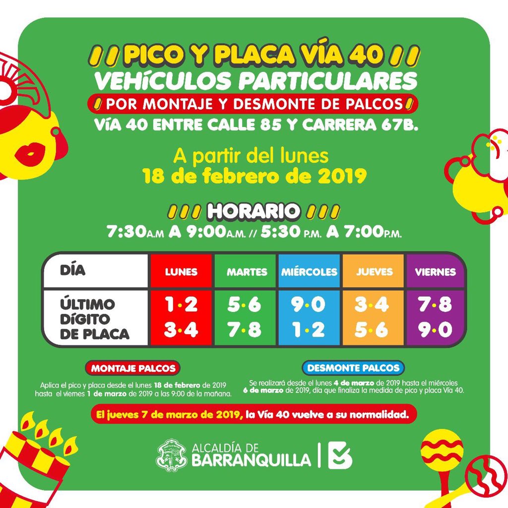 Pico y placa para particulares en la vía 40 a partir de hoy lunes 18 de febrero