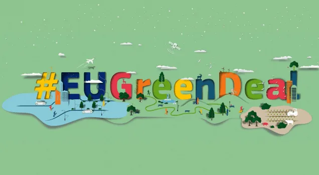 Visual institucional del #EUGreenDeal que representa los objetivos ambientales y energéticos de la Unión Europea