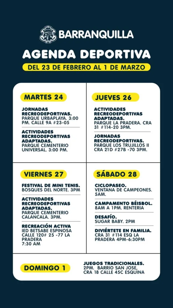 Agenda deportiva de Barranquilla con actividades recreativas y deportivas programadas del 23 de febrero al 1 de marzo, organizada por la Secretaría Distrital de Recreación y Deportes.