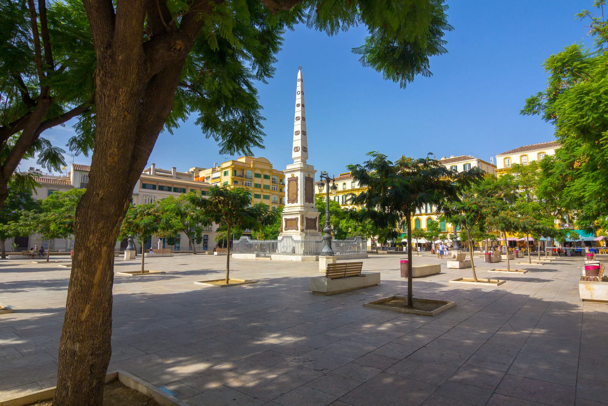 Obelisco de la Plaza de la Merced en Málaga rodeado de árboles y edificios en un día soleado.