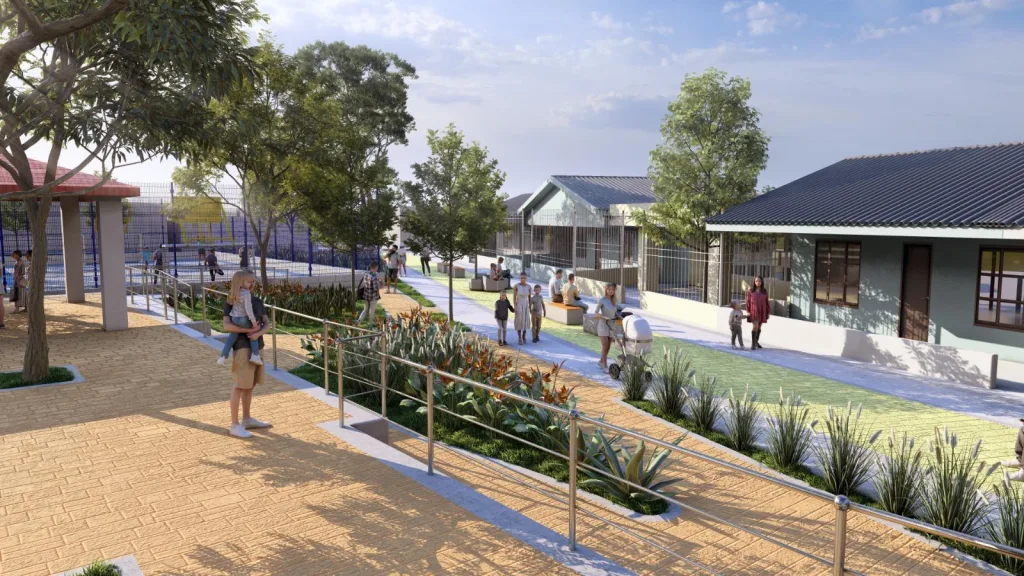 Render del parque lineal Los Canosos en Bellarena con senderos, zonas verdes y espacios comunitarios