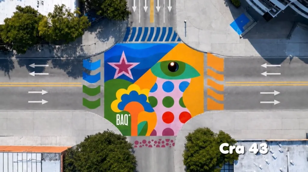 Render aéreo de un mural urbano a color en una intersección intervenida de la calle 72.