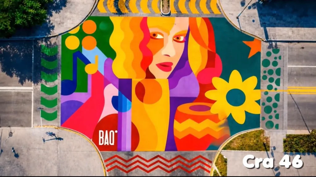 Render aéreo de un mural urbano a color con retrato estilizado y figuras culturales en una intersección intervenida.