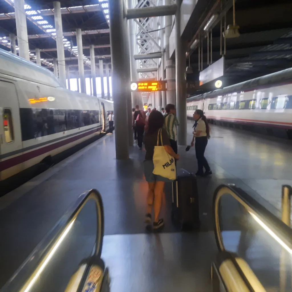 Pasajeros caminando en una estación de tren con unidades de alta velocidad a ambos lados, infraestructura moderna del transporte ferroviario en España.