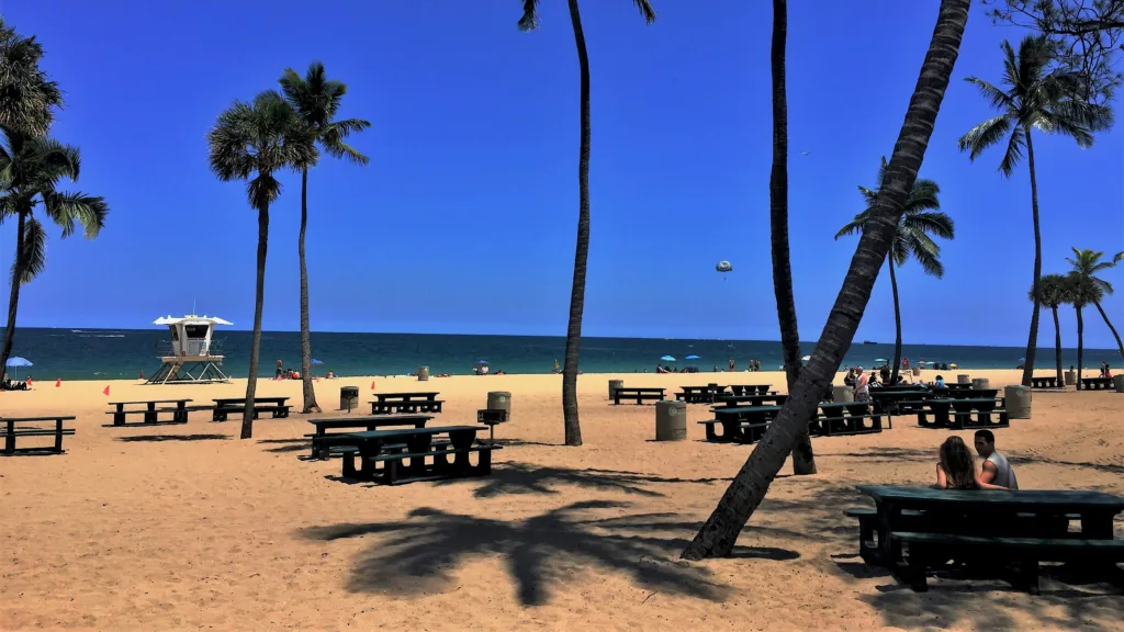 Playa de Fort Lauderdale con palmeras, mesas de picnic y torre de salvavidas, fotografía de Juan Pablo Mascanfroni en Unsplash.