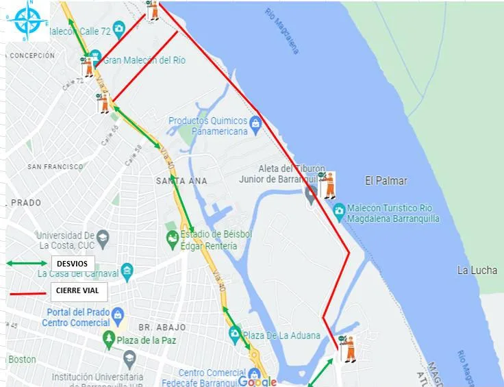 Mapa con cierres viales y rutas de desvío en Barranquilla por el desfile del 20 de julio.
