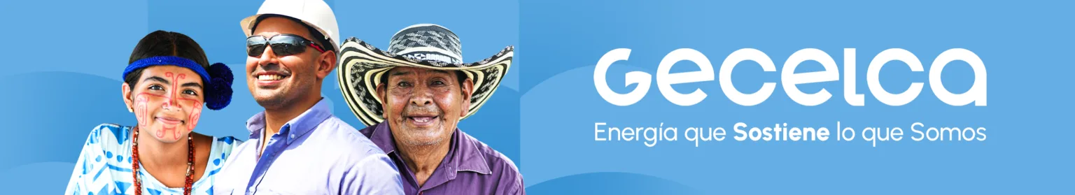 GECELCA: "Energía que sostiene lo que somos" Banner publicitario de GECELCA con tres personas representando diversidad cultural y laboral junto al mensaje “Energía que sostiene lo que somos”.