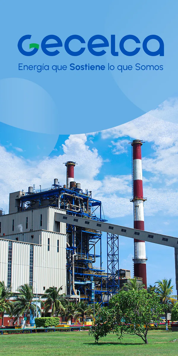 Banner del rebranding de GECELCA con planta eléctrica y el mensaje “Energía que sostiene lo que somos”.