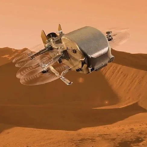 Ilustración conceptual de la aeronave Dragonfly de la NASA volando sobre las dunas de Titán, la luna más grande de Saturno.